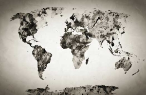 black white world map mural